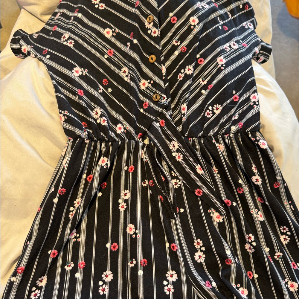 Floral Striped Kids Casual Dress - Black and Pink